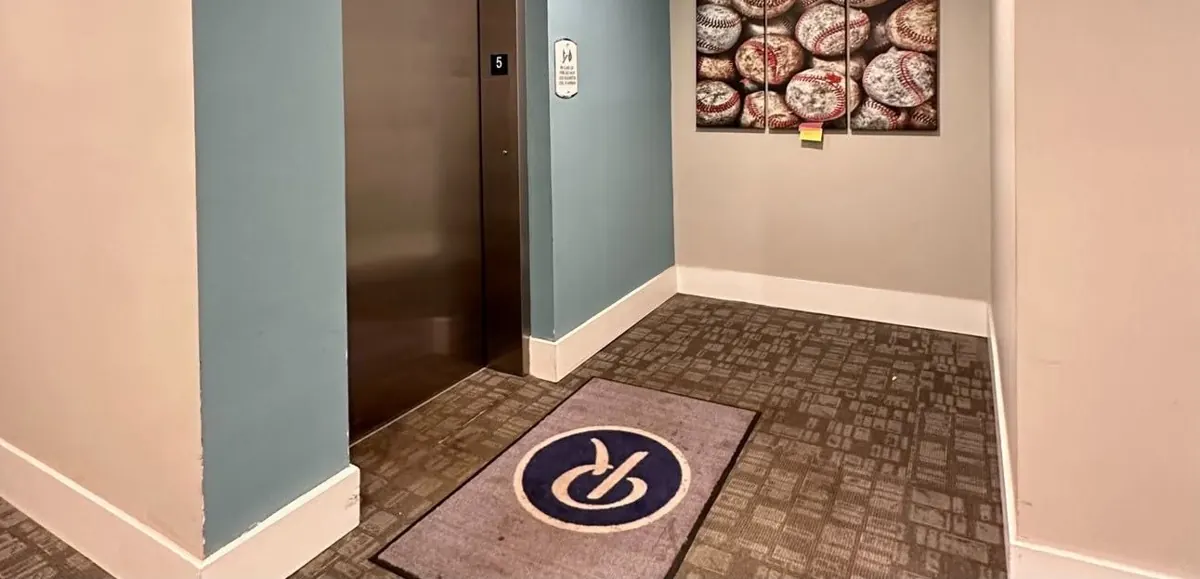 Elevator lobby wall covering, before renovation