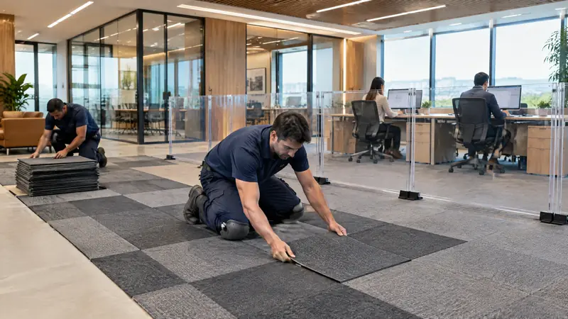 Illustration: Carpet installer in an occupied commercial space in Tampa