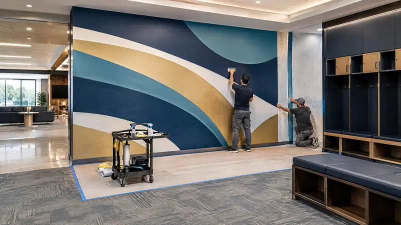 Illustration: Commercial mural installation in an occupied commercial space in Tampa