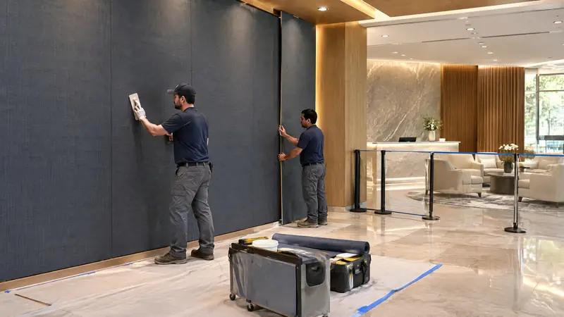 Illustration: Commercial wall covering installation in an occupied commercial space in Tampa