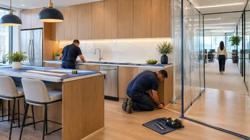 Illustration: Kitchenette and break room renovation in an occupied commercial space in Tampa