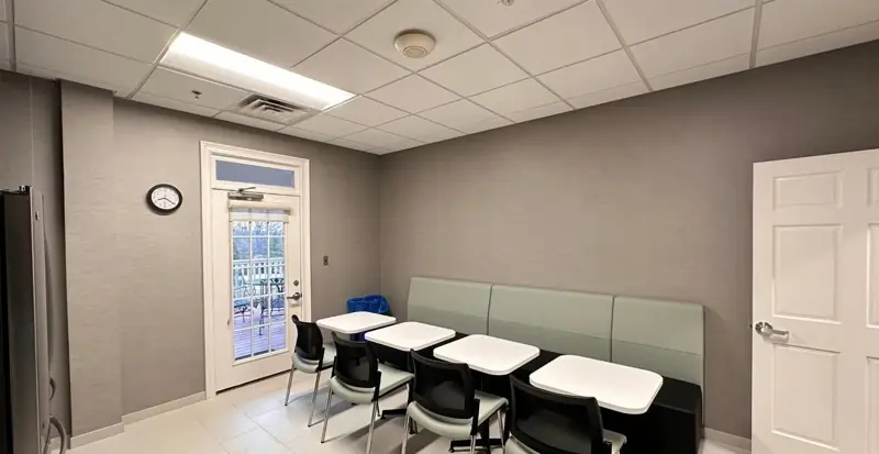 Staff break room with new tile and wall covering