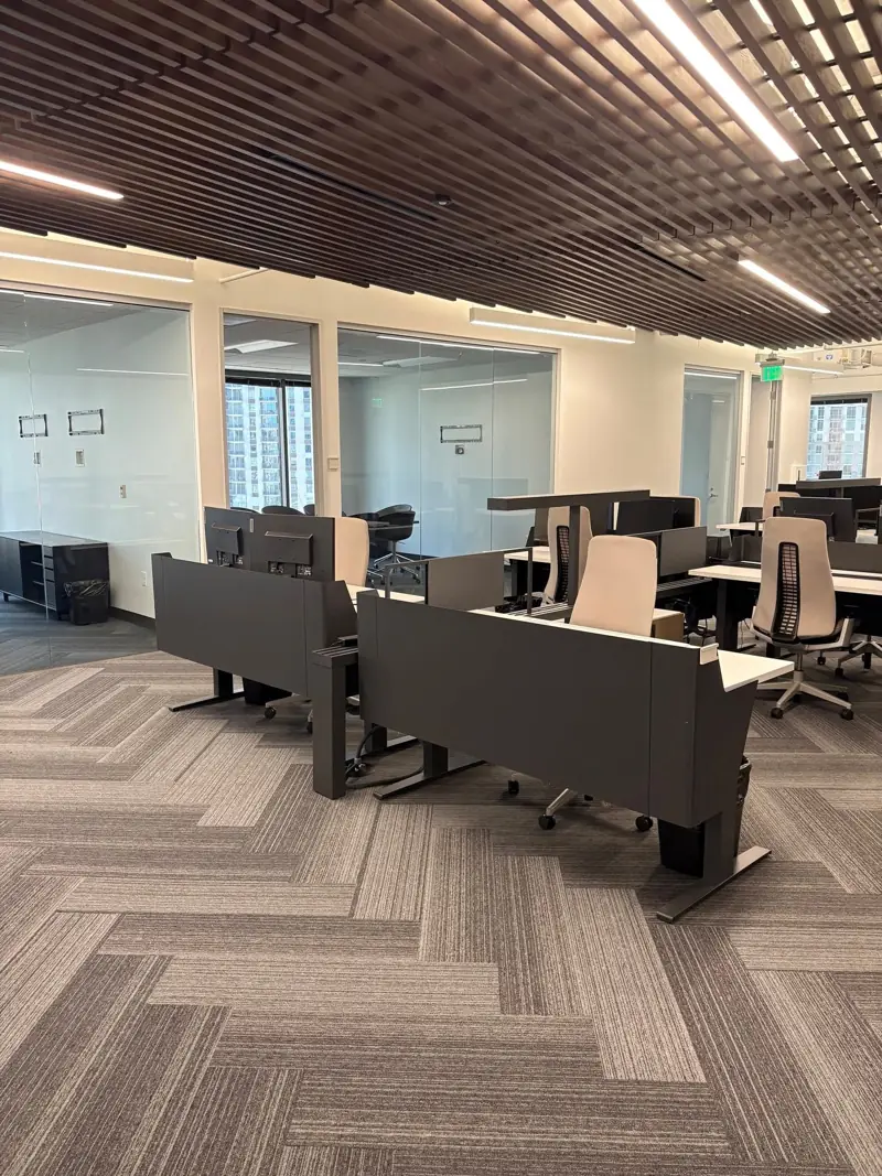 Open office with wood slat ceiling and carpet tile