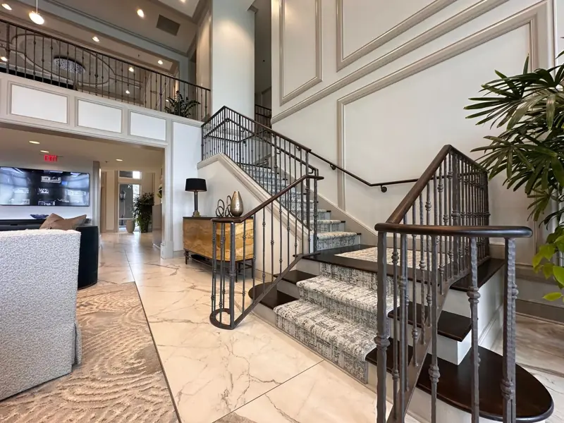 Lobby staircase with new carpet runner